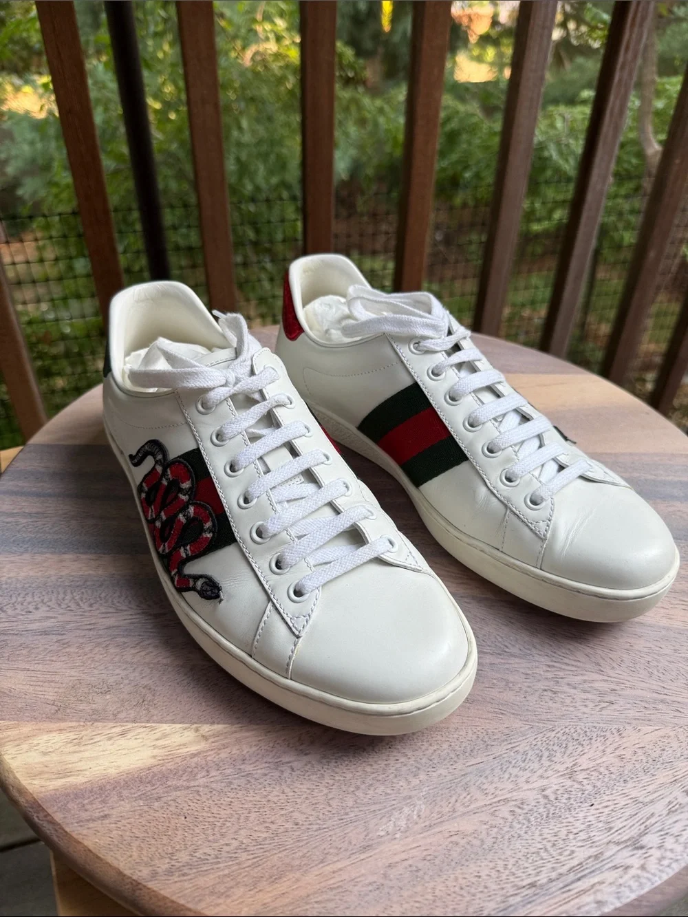 Gucci White Leather Ace Sneakers with Red & Green Web and Snake Embroidery